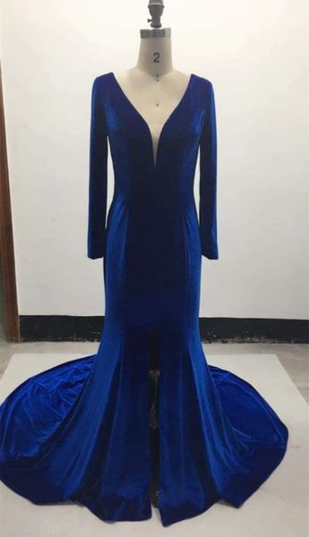 

elegant women's long sleeve mermaid royal blue evening dresses 2018 floor length red sweep train side slit prom gowns custom made