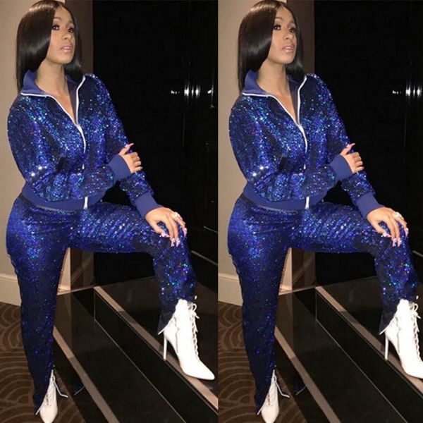 

из двух частей набор топ и брюки женщины дешевые блестки caf436 спортивный костюм женщины устанавливает одежду полная длина с длинным рукаво, White