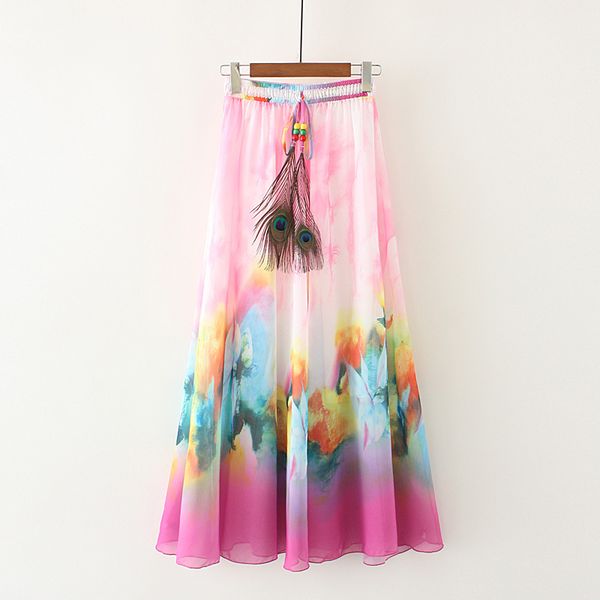 

2018 women floral print chiffon skirt ladies women high waist floral evening party long maxi skirt beach skirt, Black