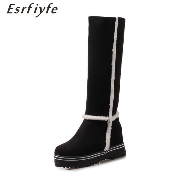 

esrfiyfe 2019 new flock winter boots for girls height increasing round toe knee-high women boot platform plush snow boots women, Black