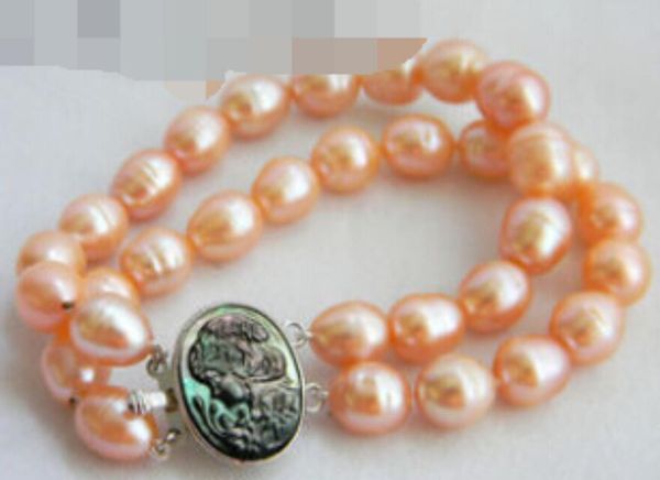 

gt;>>2strands 8'' 10.5mm pink rice freshwater pearl bracelet, Golden;silver