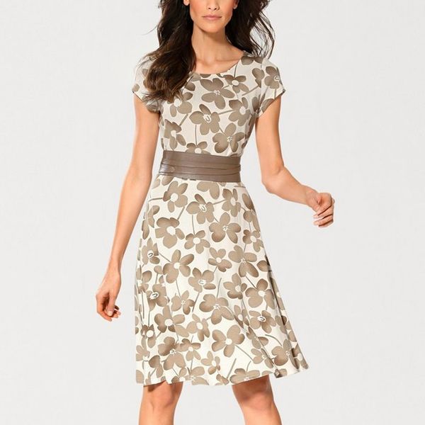 

wholesale-2017 women elegant summer floral flower print dresses work office style short sleeeves party knee length vestidos dress 120, White;black