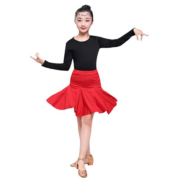 

new red spandex latin dance dress + skirt ballroom dance dress for girls kids tango rumba slim costumes latina xc9035, Black;red