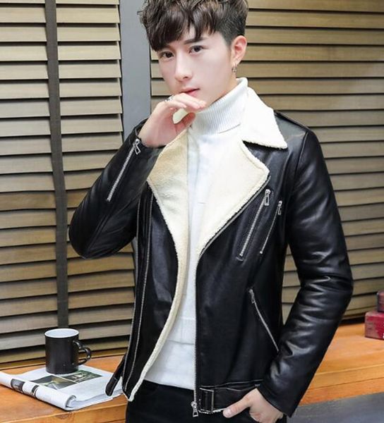 

autumn and winter fashion trend of europe the united states new south korean version of men lamb fur collared leather coat m-2xl, Black
