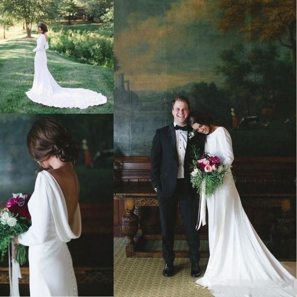 

long sleeves wedding dresses 2018 backless chapel train simple stain country garden beach cowl back bridal gowns, White