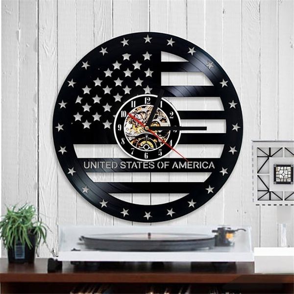 American Flag Vinyl Record Wall Clock Modern Home Decor Personality Living Room Decoration Creative Wall Art Christmas Handmade Gifts Clocks Kitchen