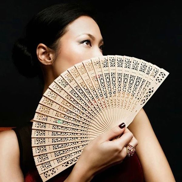 

2017 new fragrant home decoration crafts bamboo wooden fan summer accesory art folding carved hand fan 20cm