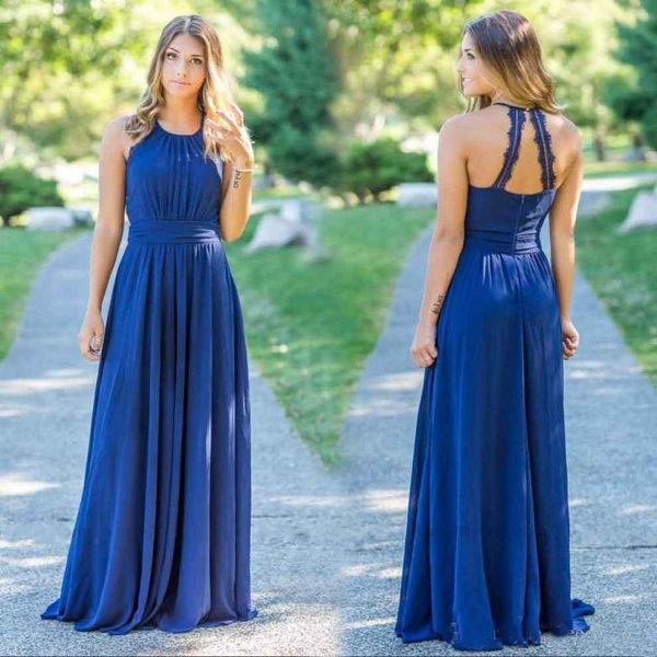 

Custom Design Royal Blue Country Bridesmaid Dresses Long Lace Chiffon Halter Neck Beach Bridesmaids Dress Wedding Guest Gowns