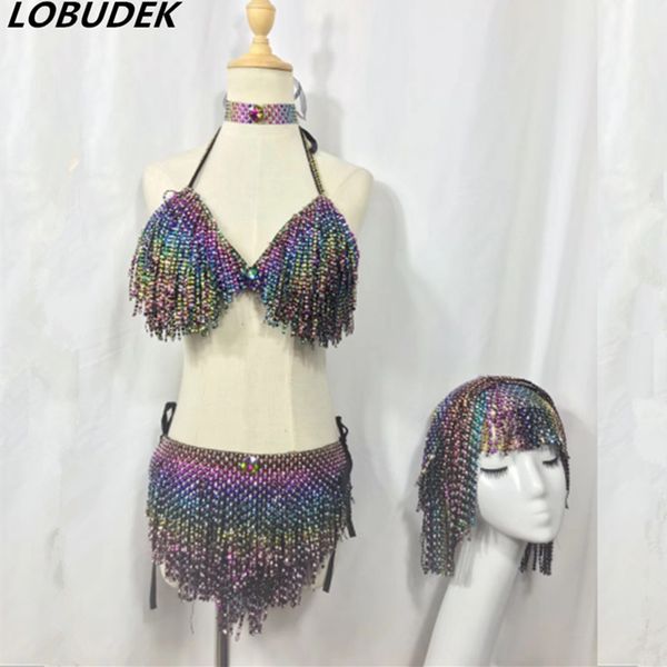 

tassels female costumes model catwalk stage outfit sparkly rhinestones bikini dancing dj singer dance clothes nightclub, Black;red