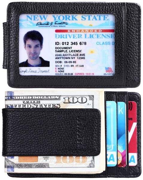

whole saleleather front pocket money clip wallet rfid blocking strong magnet clip ultra-thin genuine leather id case, Black