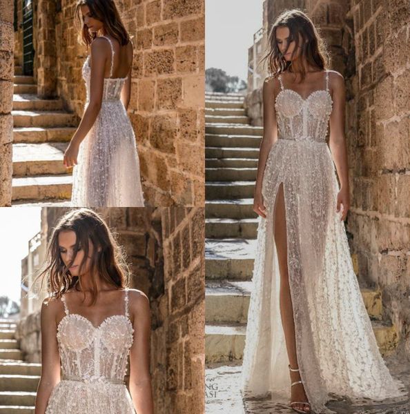 

eden aharon 2019 wedding dresses spaghetti lace bridal gowns appliqued split beach boho plus size wedding dress see through, White