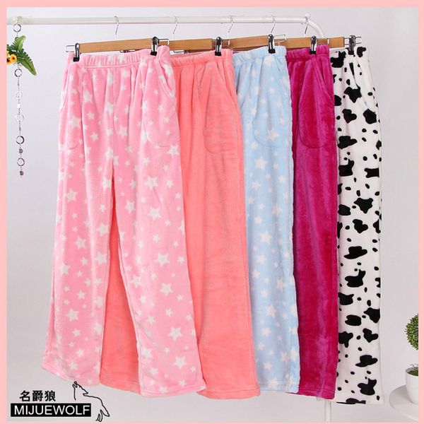 

female flannel lounge pants coral fleece pajama pants autumn and winter thermal living thickening sleepwear, Black;red