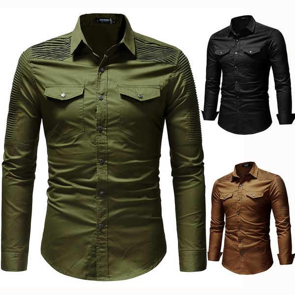 

men's wear new wrinkle shoulder pocket men's denim shirt long sleeved shirt lapel camisa masculina leisure clothes 2018, White;black