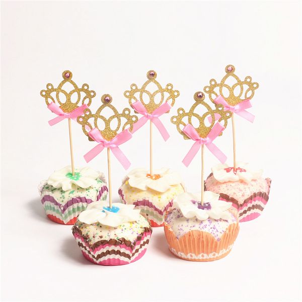 2019 Gold Shine Bow Tie Prince Crown Cupcake Topper Crystal Crown