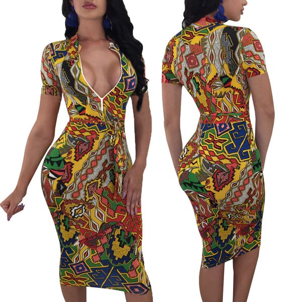 

summer plus size women clothing african printed deep v-neck bandage bodycon dresses club wear vestidos robe femme, Black;gray