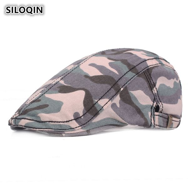

siloqin personality jungle camouflage cotton berets resizable fashion trend retro bone sun visor caps for men and women, Blue;gray