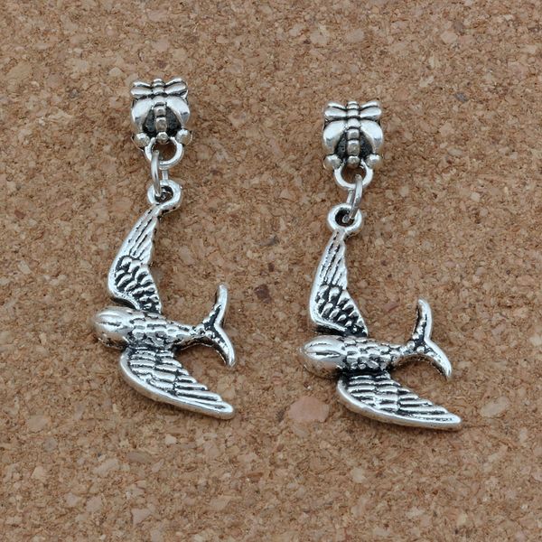 

100pcs/lot dangle ancient silver cute little swallow bird charm big hole beads fit european charm bracelet jewelry 10x40.5mm a-253a, Bronze;silver