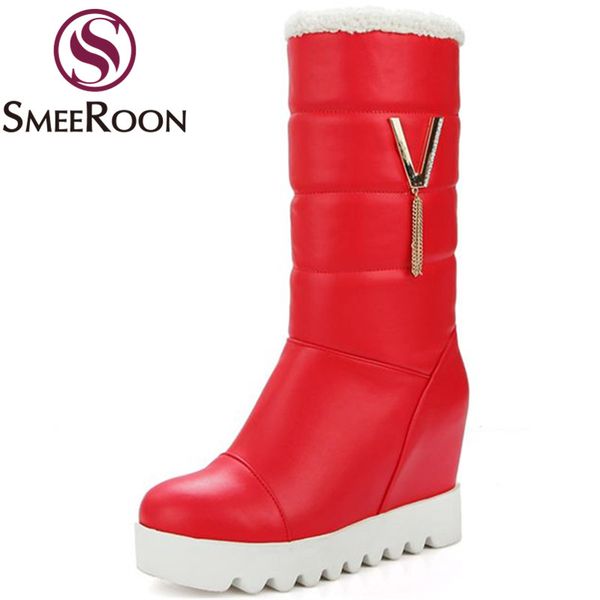 

smeeroon new arrive round toe warm winter boots zipper mid calf boots for women comfortable high heels shoes woman, Black