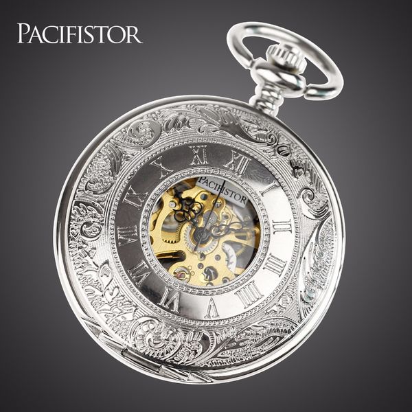 

infantry luxury mechanical pocket watch hand winding silver alloy skeleton back fob chain vintage retro roman numeral clock, Slivery;golden