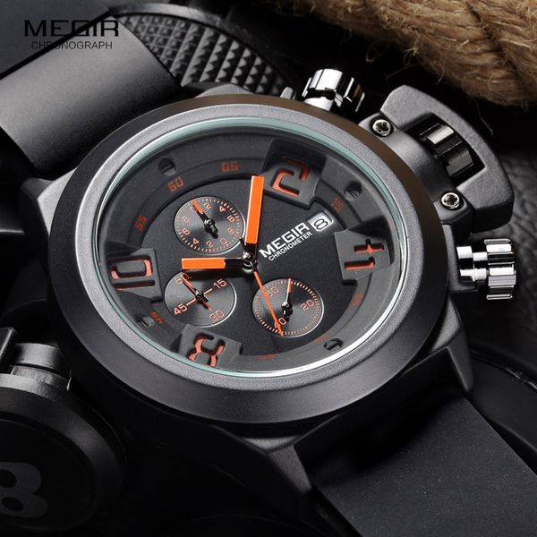 

megir fashion mens silicone band sport quartz wrist watches analog display chronograph black watch for man with calendar 2002, Slivery;brown