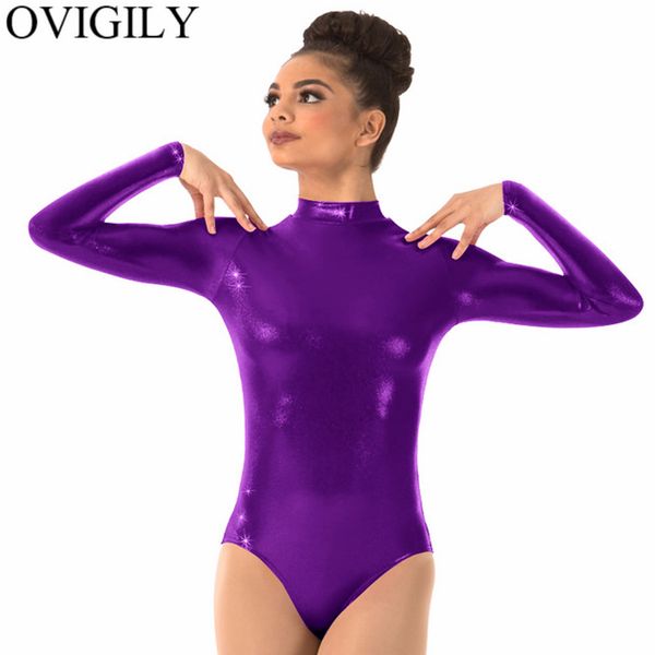 Ovigily Roxo Adultos Longa Leotard para Ginástica Mulheres Spandex Metálico Turtleneck Dança Leotards Bodysuits de balé vermelho