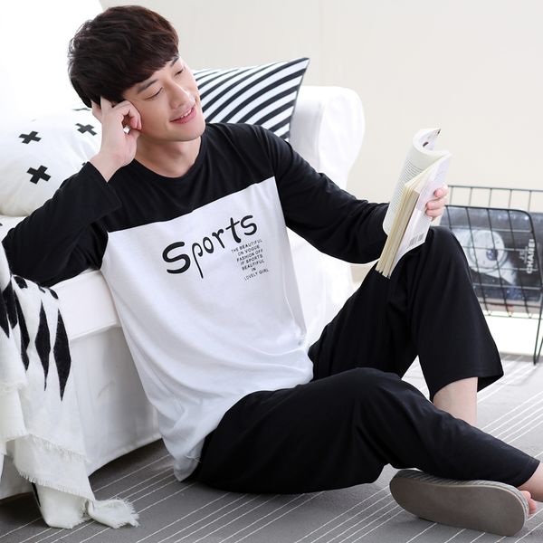 

casual cotton pajamas sets for men 2018 autumn winter long sleeve pyjama male homewear loungewear mens home clothes, Black;brown