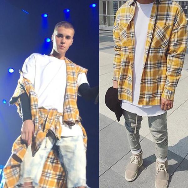 

Новый Джастин Бибер мужчины желтый плед рубашки повседневная с длинным рукавом р