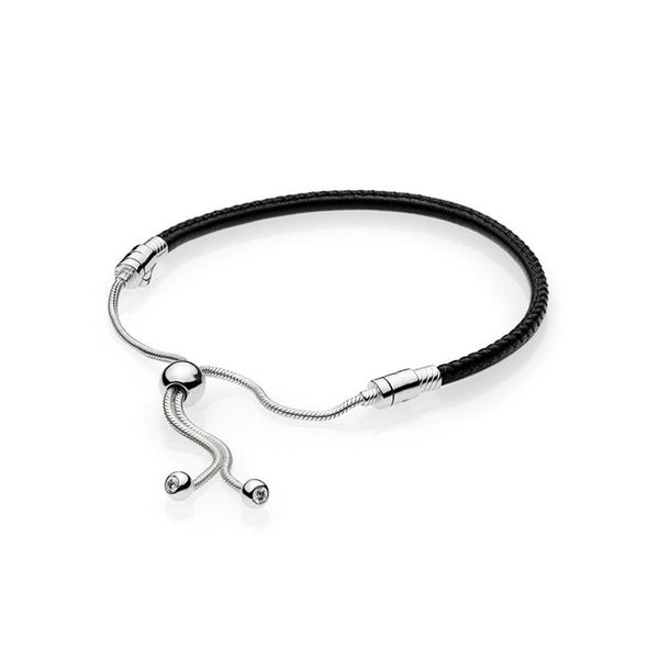 

new 925 sterling sier bead charm chain fit original moments black leather sliding branded bracelet for women diy jewelry gift, Golden;silver