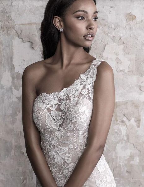 Madison James Herbst 2018 Meerjungfrau-Hochzeitskleid, elegantes One-Shoulder-Spitze-Applikation-Schlepp-Brautkleid, gehobene Maßanfertigung246I