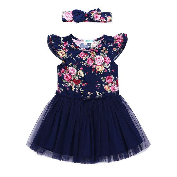 

Girl dress kids clothes summer Flying sleeveless full floral print with mesh patchwork dress girl +headband casual elegant dress