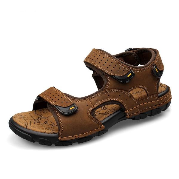 

plus size 25-65 fashion breathable genuine cow leather men sandals handmade adjustable hook & loop young man sandal shoes, Black
