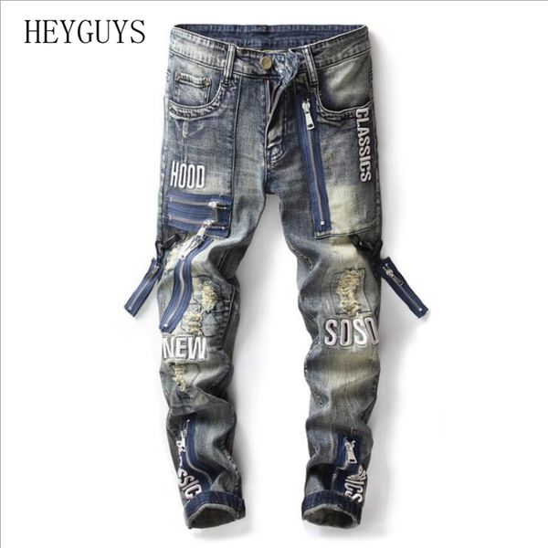 

heyguys men's vintage zippers patch ripped jeans slim straight letters embroidery patchwork distressed denim pants, Blue