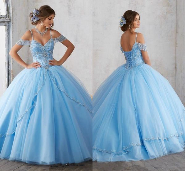 

светло-голубое бальное платье quinceanera платья с короткими рукавами спагетти бисером кристалл принцесса выпускного вечера платья для сладк, Blue;red