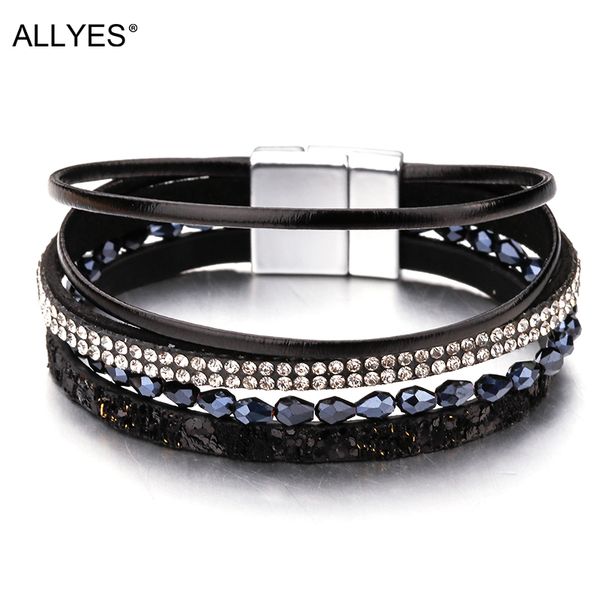 

allyes slim rop leather bracelets for women jewelry trendy crystal acrylic beads wide multilayer bracelet female bijoux femme, Golden;silver