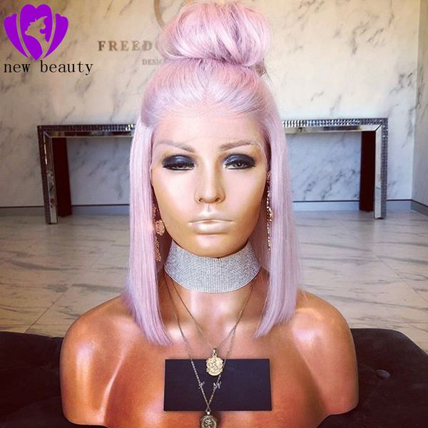 

12 inch bob light purple synthetic short hair lace front wigs glueless for women natural hairline 150% density, Black