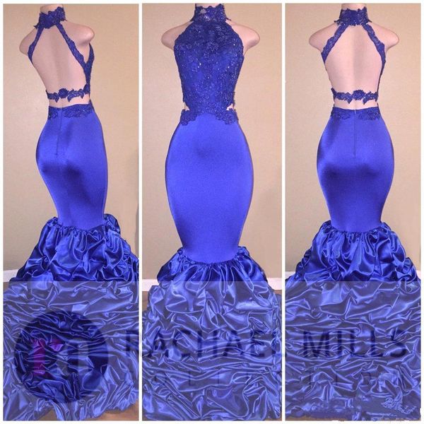 

2018 royal blue red burgundy prom dresses mermaid lace applique halter neck beads crystals open back formal evening wear party gowns, Black;red