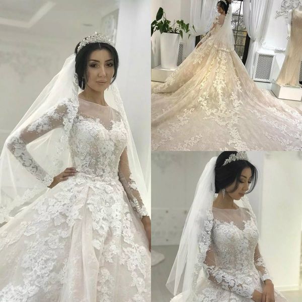 

2019 gorgeous wedding dresses jewel neck lace appliques long train long sleeve country wedding dress custom made plus size bridal gowns, White