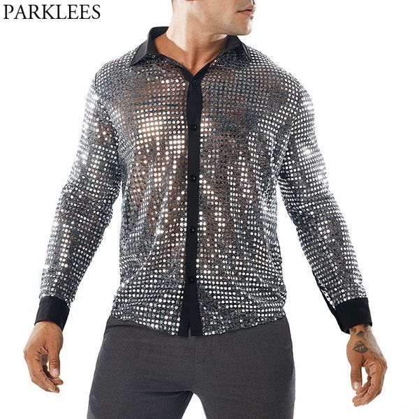 

shiny sliver sequin glitter shirt men 2018 see through shirt for male nightclub stage prom dance transparent chemise homme, White;black