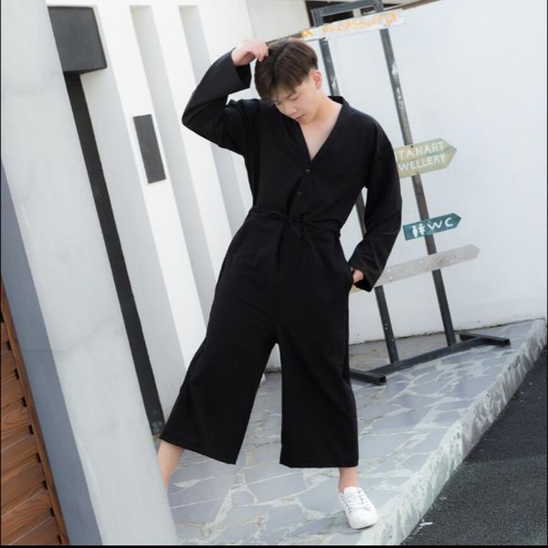 

m-6xl overalls men's spring and summer wide leg pants loose 9 points tooling jumpsuit one piece stage singer costumes clothing, Black