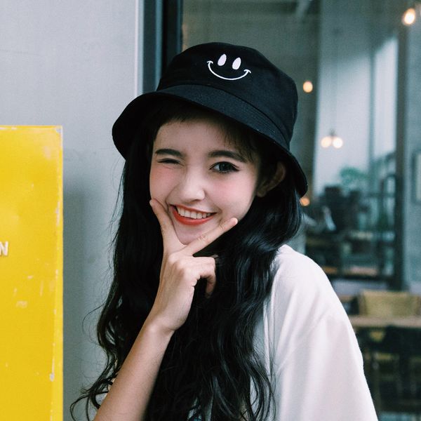 

smiling face embroidery hats woman korean flat roof fisherman bucket cotton fishing hat male summer outdoors journey basin cap, Blue;gray