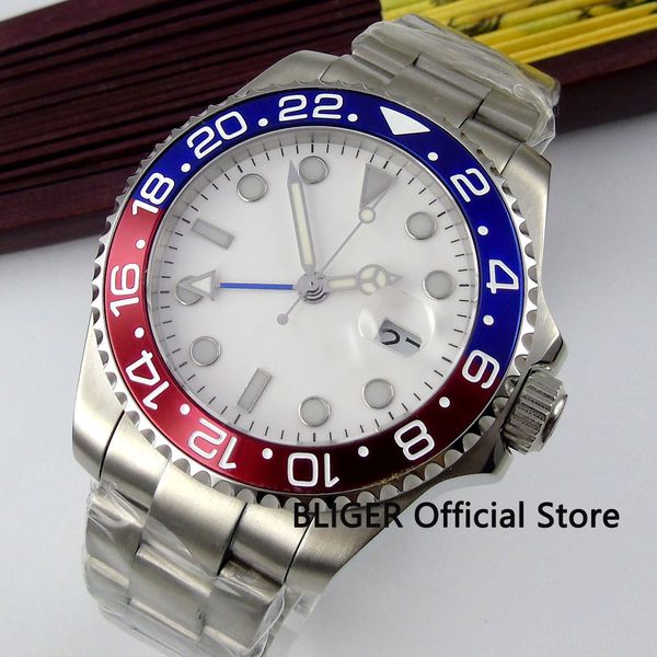 

fashion bliger 43mm white sterile dial gmt function blue red bezel luminous sapphire glass automatic movement men's watch b314, Slivery;brown