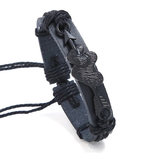 

charm arrow heart bracelets men vintage handmade woven adjustable rope black brown leather bracelet for women bohemian jewelry, Golden;silver