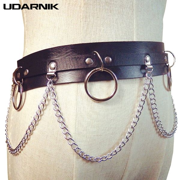 

men women cool faux leather solid belt strap laser metal chain ring waist punk street dancing waist chain 200-b051, Black;brown