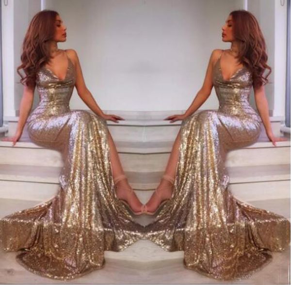

Sexy Sparkling Gold Sequined Mermaid Prom Party Dresses 2018 Custom Made V Neck Backless Slit Women Pageant Evening Gowns Formal Wear