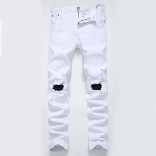 

men casual jeans denim pants straight distressed ripped knees holes regular ing, Blue