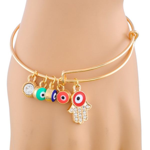 

fashion jewelry gold tone bangle bracelets women evil eye turkish jewelry fatima hand prayer charms pendent wristband for girl, Black