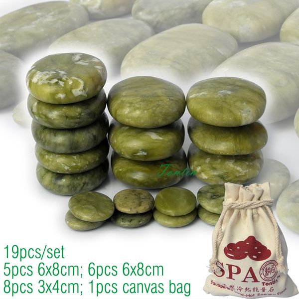 

new 19pcs/set green jade body massage stone spa with canvas ce and rohs 5pcs(6x8)+6pcs(6x8)+8