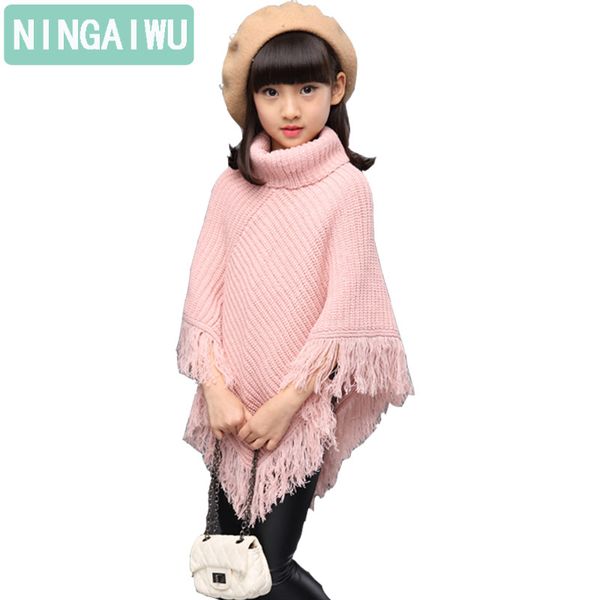 

2017 winter girl sweater turtleneck tassel child fashion cloak shawls long big girl batwing sweater coat autumn kids clothes, Blue
