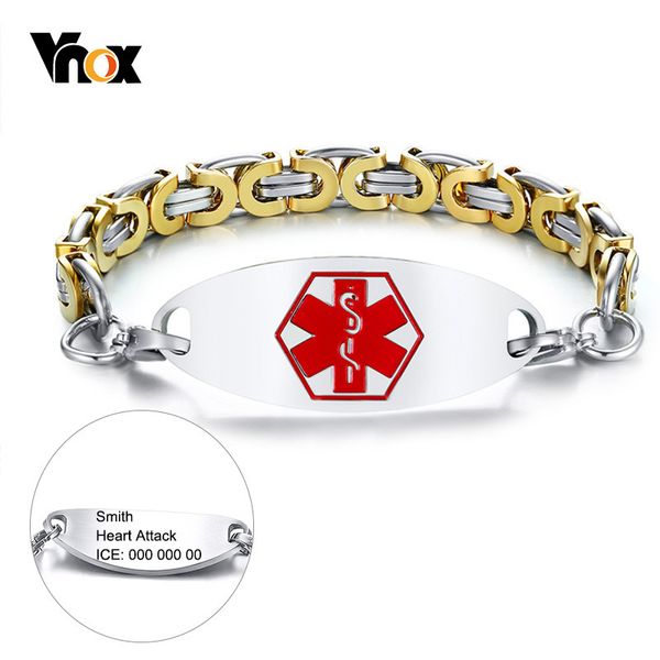 

vnox personalize medical alert id braceles for women men byzantine link chain 2 tone stainless steel type 1 diabetes bangle, Golden;silver