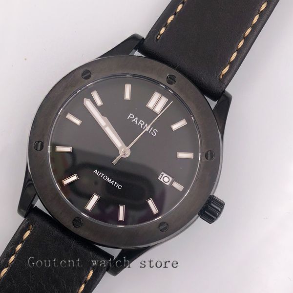 

42mm mens watch japan movement sriko black case black dial 316l waterproof mens watch, Slivery;brown